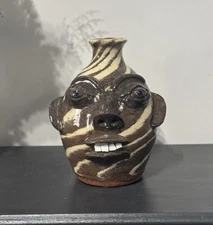 Walter Fleming - Folk Art Face Jug 8.0” Catawba Valley NC Cream Swirl Signed