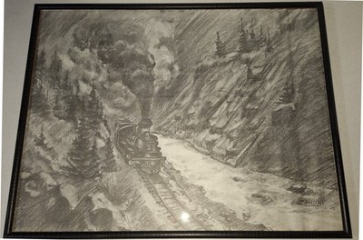 Charcoal Drawing of Steam Engine Travelling Thru Mountains, Railroad, Zanoni