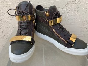 Giuseppe Zanotti Double Gold Bar High Top Mens Leather Sneakers Sz