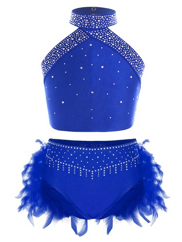 Kids Dance Outfits Piece Halter Sleeveless Crop Tops Feather Skirt Set Dancewear - Picture 4 of 26