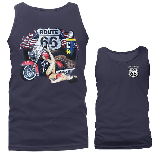 ROUTE 66& PINUP GIRL Bikers Vintage Classic Motorcycle Graphic Tank Top - Picture 9 of 11