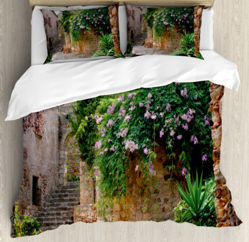 Landscape Duvet Cover Set with Pillow Shams Summer Garden Flowers Print