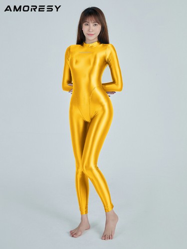 AMORESY Women Sexy Shiny Oil Jumpsuit One-Piece Long Sleeve Zipper Yoga Bodysuit - Picture 16 of 18