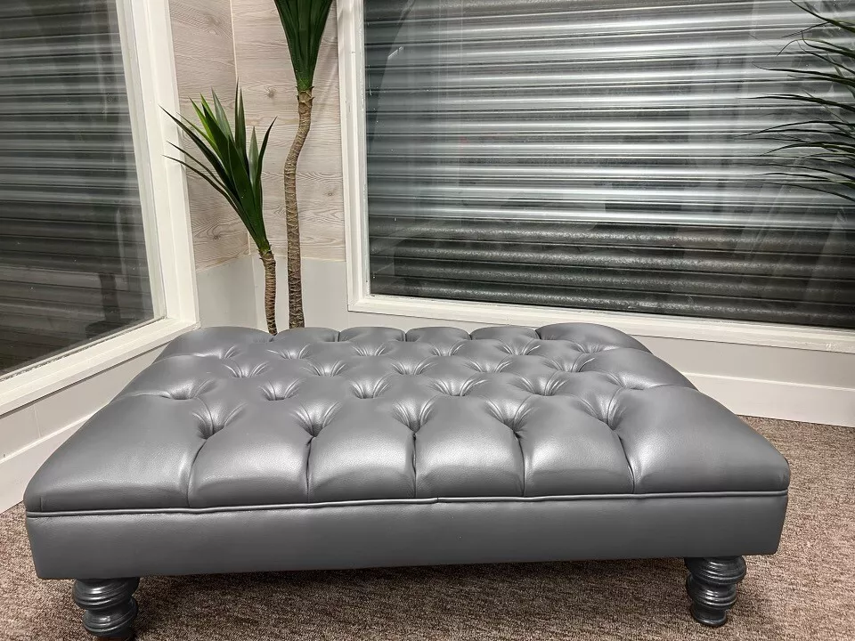 Chesterfield footstool coffee table Grey faux leather deep buttoned Living room