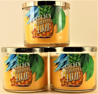 QTY 3 - Bath & Body Works White Barn GOLDEN PINEAPPLE LUAU 3-Wick 14.5 Oz Candle