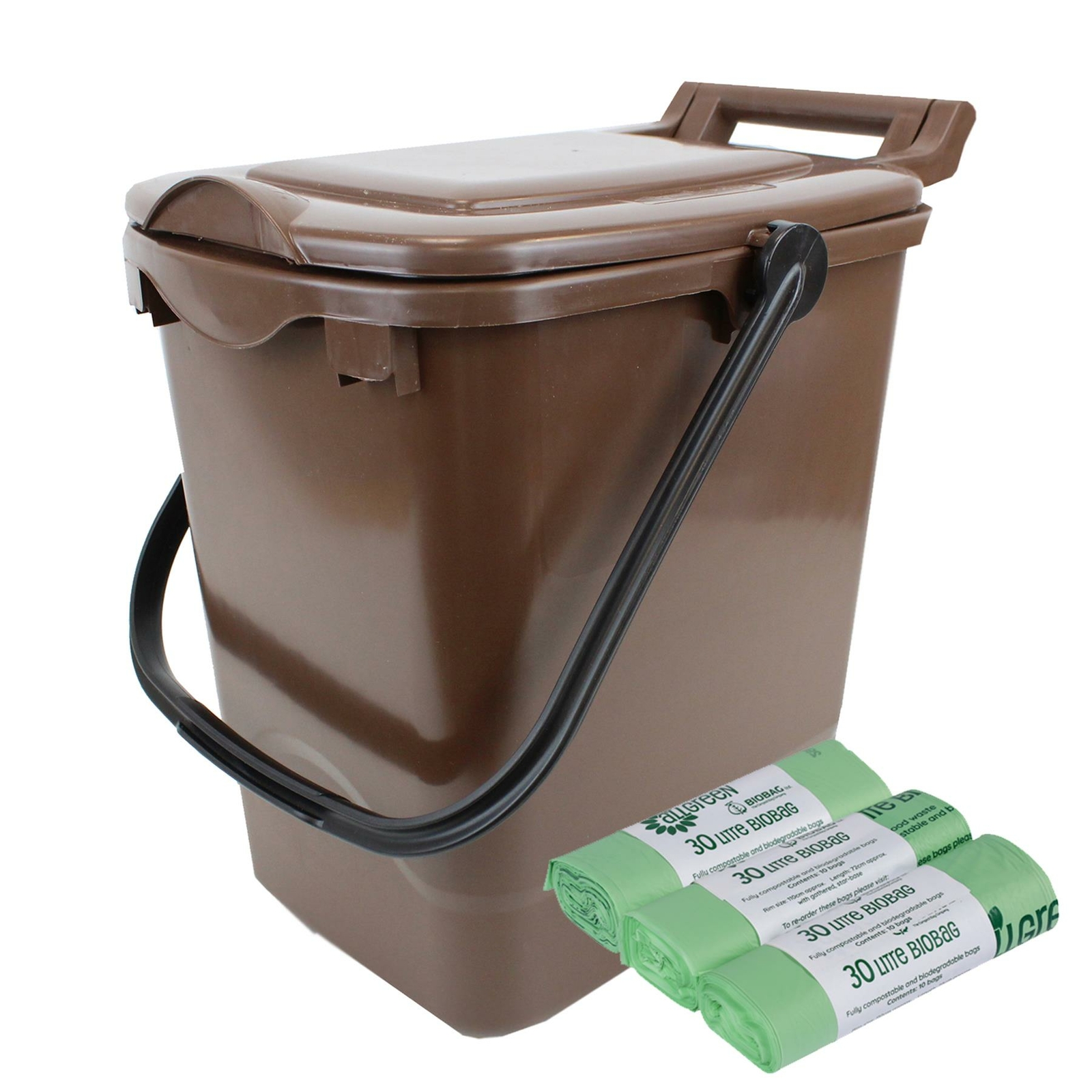 Brown 23 Litre Compost Caddy - Food Waste Recycling & 30x30L Compostable Bags