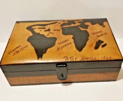 World Map Two Tier Tray Jewelry Box LEATHER?  Peter Appian 1545 UNIQUE 12 X 7.5''