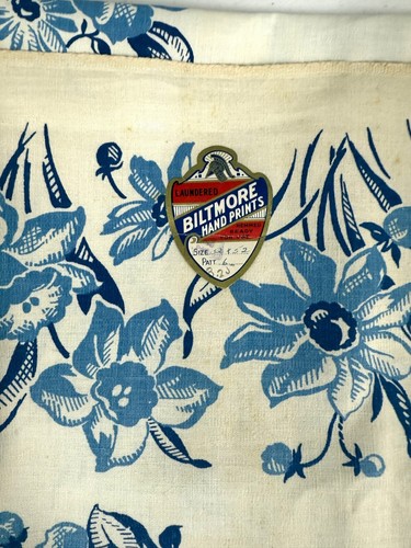 VINTAGE Kitchen TABLECLOTH 1940'S 52 x52 Dead Stock Biltmore Hand Printed Blue
