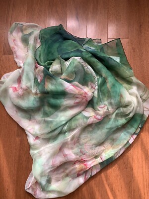 La Fiorentina Green Pink Lotus Silk Scarf Sheer 39x67 