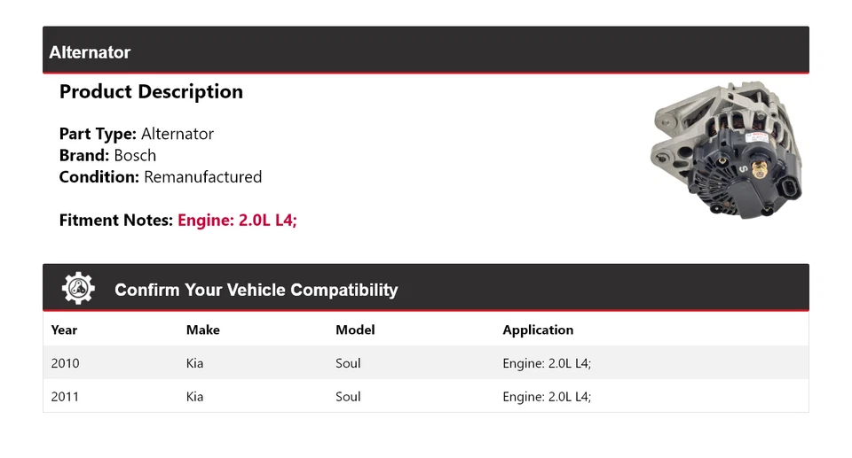 Alternador Bosch para Kia Soul 2010-2011 2,0 L L4 (remanufacturado) Foto 2 de 4