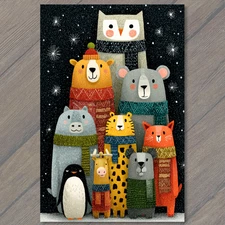 POSTCARD Winter Animal Friends Penguin Owl Bear Fox Reindeer Leopard Polar Dog M