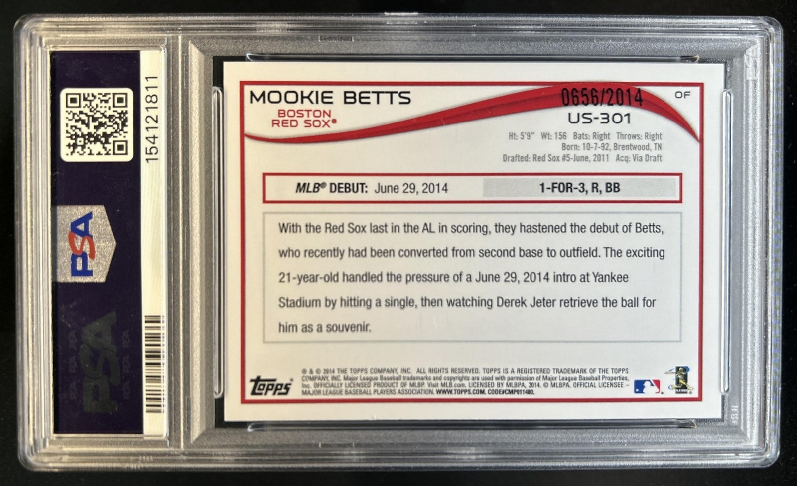 2014 Topps Update Mookie Betts RC Gold Rookie #/2014 Red Sox PSA 9 view 2