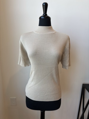 Neu mit Etikett Vintage Croft & Barrow hellbraunes kurzärmliges hochgeschlossenes geripptes Acryl-Shirt Damen L