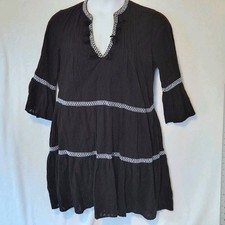 Tommy Bahama Women's XL Black Tiered Mini Dress Embroidered Boho Tassels