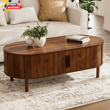 Stylish Walnut Oval Coffee Table With Cabinets Sliding Doors For Living Room Stylish Walnut Oval Coffee Table With Cabinets Sliding Doors For Living Room