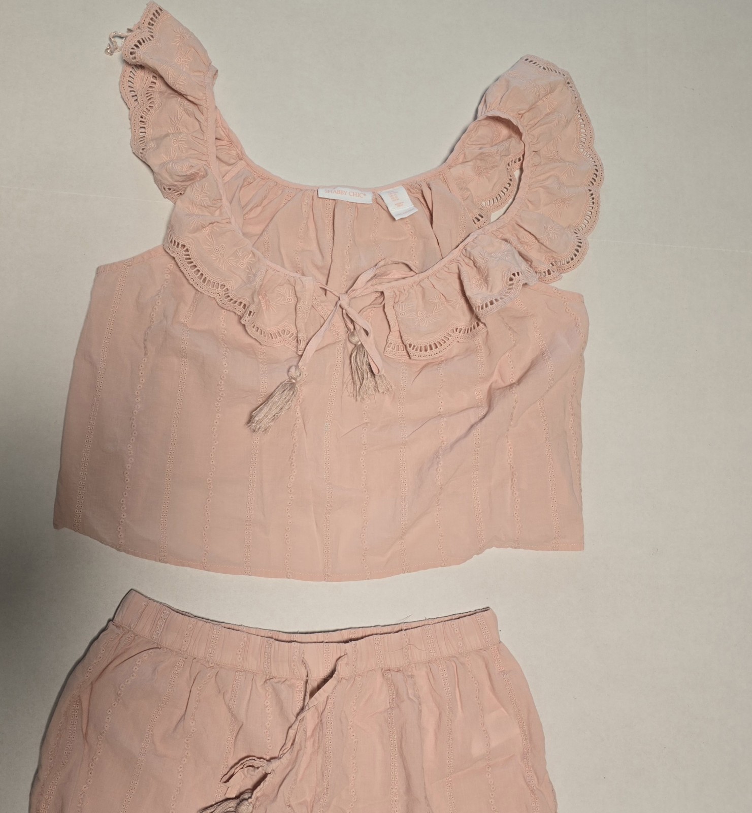 Shabby Chic Womens 2 Piece Pajama Set Size M Pink Eyelet Ruffle Cotton Babydoll