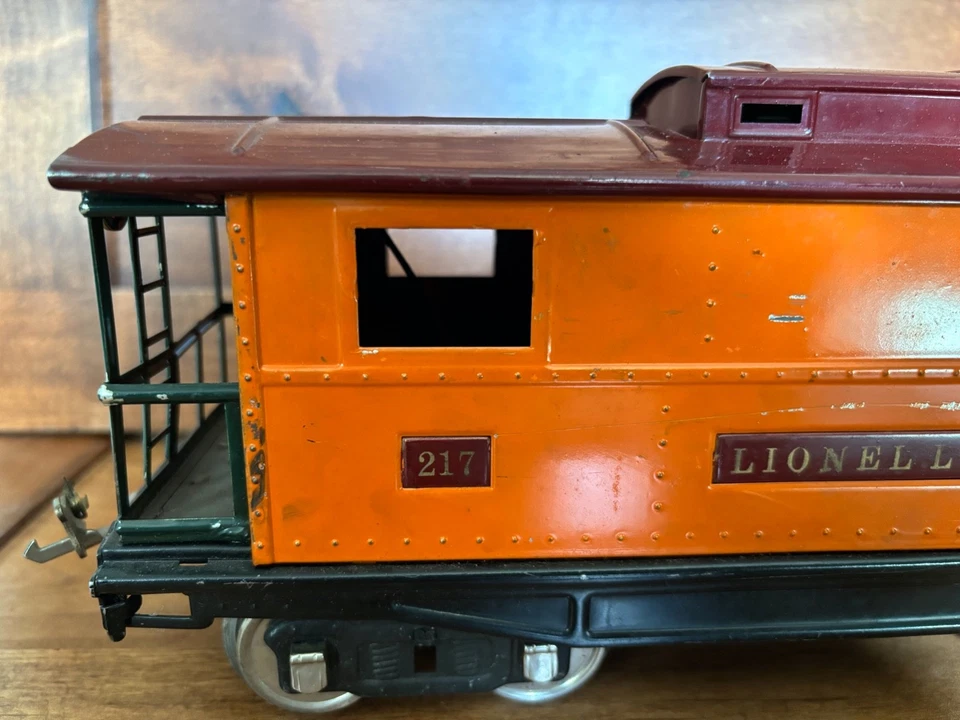 Lionel Trains Standard Gauge Pre-War #217 Lionel Lines Caboose Orange/ Maroon - Image 3 of 4
