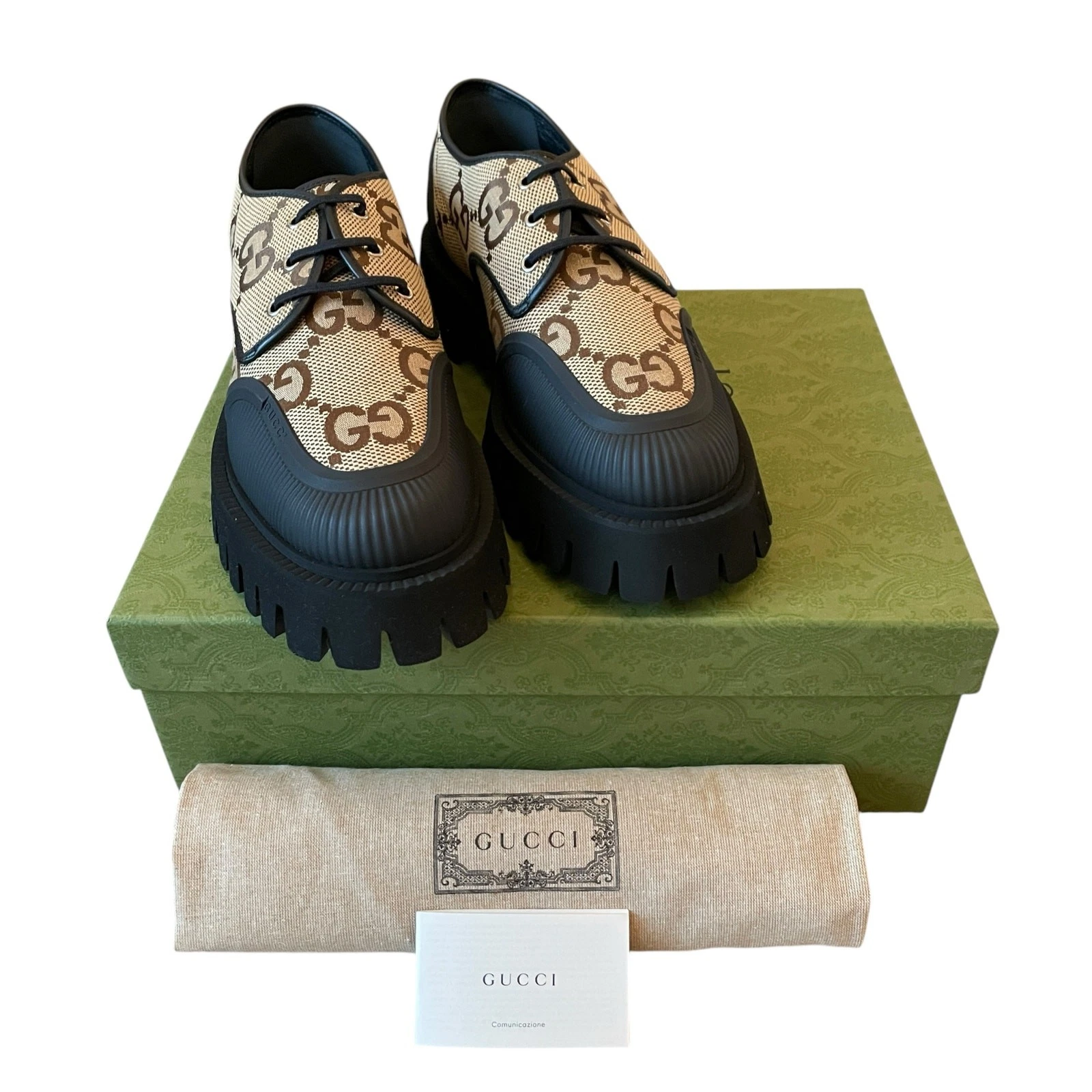 Gucci Maxi GG Supreme Chaussures Camel Ébène Toile Chunky Homme 11,5   US 12 NEUF