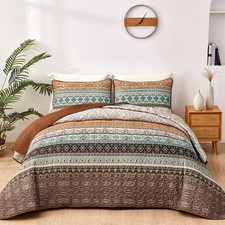 WONGS BEDDING Boho King Size Quilt, 3 Pieces Bedspread Bedding Set, Brown