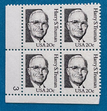 US Stamps Scott 1862 20c 1984 plate block of Harry S Truman M/NH Dull gum.