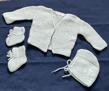Vintage 1960s Italian Hand Knit Baby Cardigan Set Light Blue Bonnet  Booties
