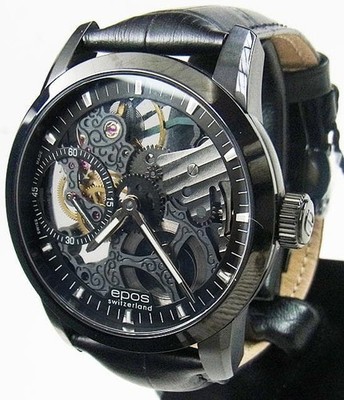 EPOS Skeleton Hand Wind Watch ETA6497 Black PVD Sapphire Display Back Box Papers