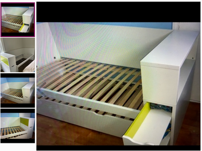 Ikea Flaxa Bed with Trundle and Headboard Storage Shelf System 
