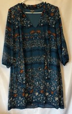 Women’s Lily Rose Shift Dress Blue Floral Neck Tie Elastic 3/4 Sleeve M