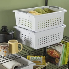 (2 pack)Sterilite Large Stacking Basket,Open Plastic Bin,Space Saving Organizers