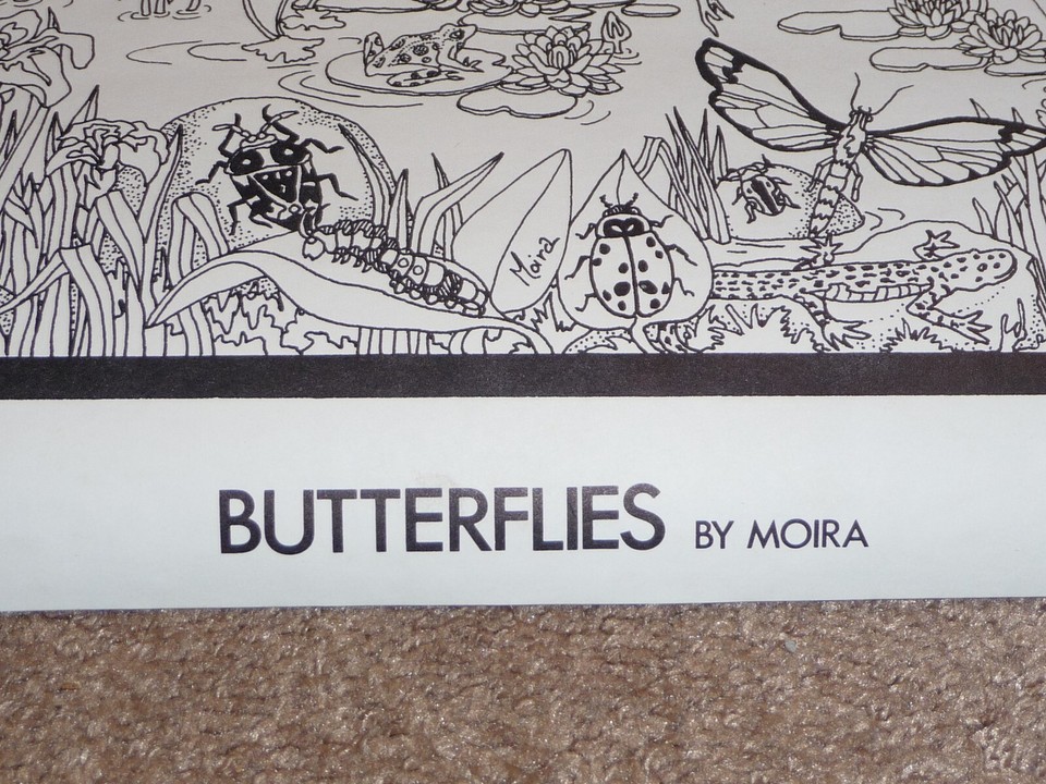 LARGE VINTAGE DOODLE ART POSTER BUTTERFLIES by MOIRA UNCOLORED 41.5 X