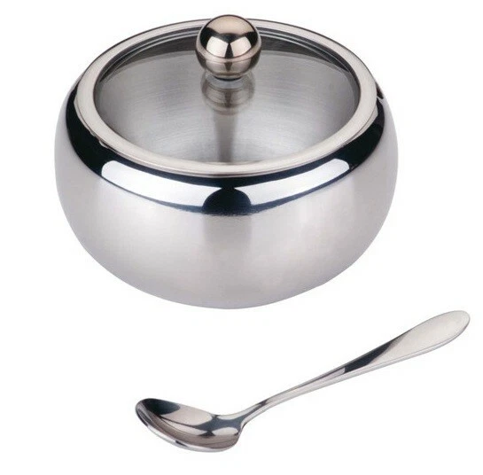 Azúcarero de acero inoxidable con tapa de vidrio y cuchara Foto 3 de 3