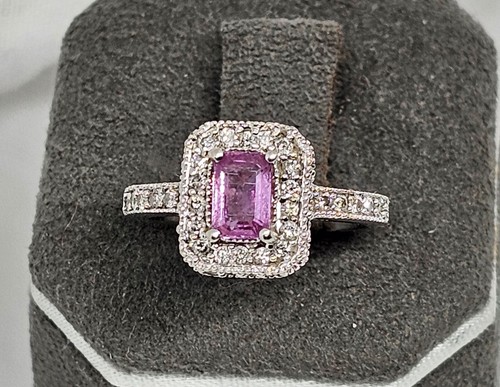 EFFY 14K WHITE GOLD PINK SAPPHIRE DIAMOND HALO RING,5 - Picture 1 of 12