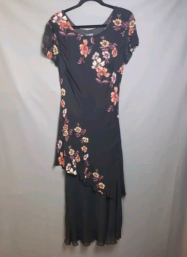 EVA BLUE Dress Womens 10 Black Cascading Beaded Flowers Vintage 90s Maxi Pheobe - Picture 1 of 9