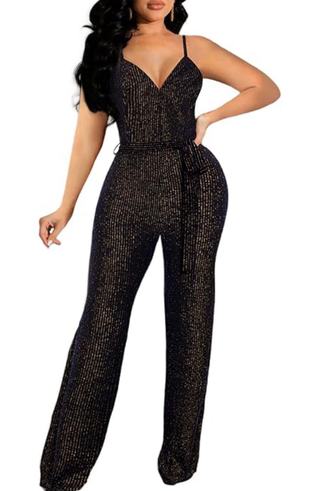Jumpsuit size small women new bell bottom glitter sequins black-image