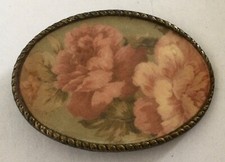 PINK ROSES FLOWERS OVAL BIG BELT BUCKLE VINTAGE METAL VICTORIAN FLORAL PREPPY