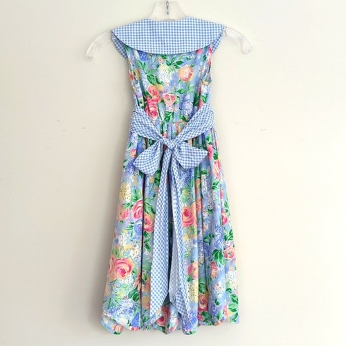Vintage 90s Bonnie Jean Floral Sleeveless Dress Blue Collar Sundress Scalloped 7 - Picture 6 of 8