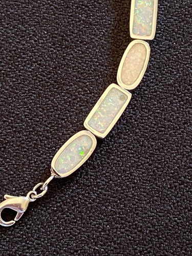 Slightly Imperfect ( In Pics ) White Fire Lab Opal Silver Tennis Style Bracelet - Picture 13 of 17