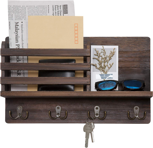 Wall Mounted Mail Holder Wooden Key Holder Rack Mail Sorter Organizer with 4 Dou - Picture 10 of 12
