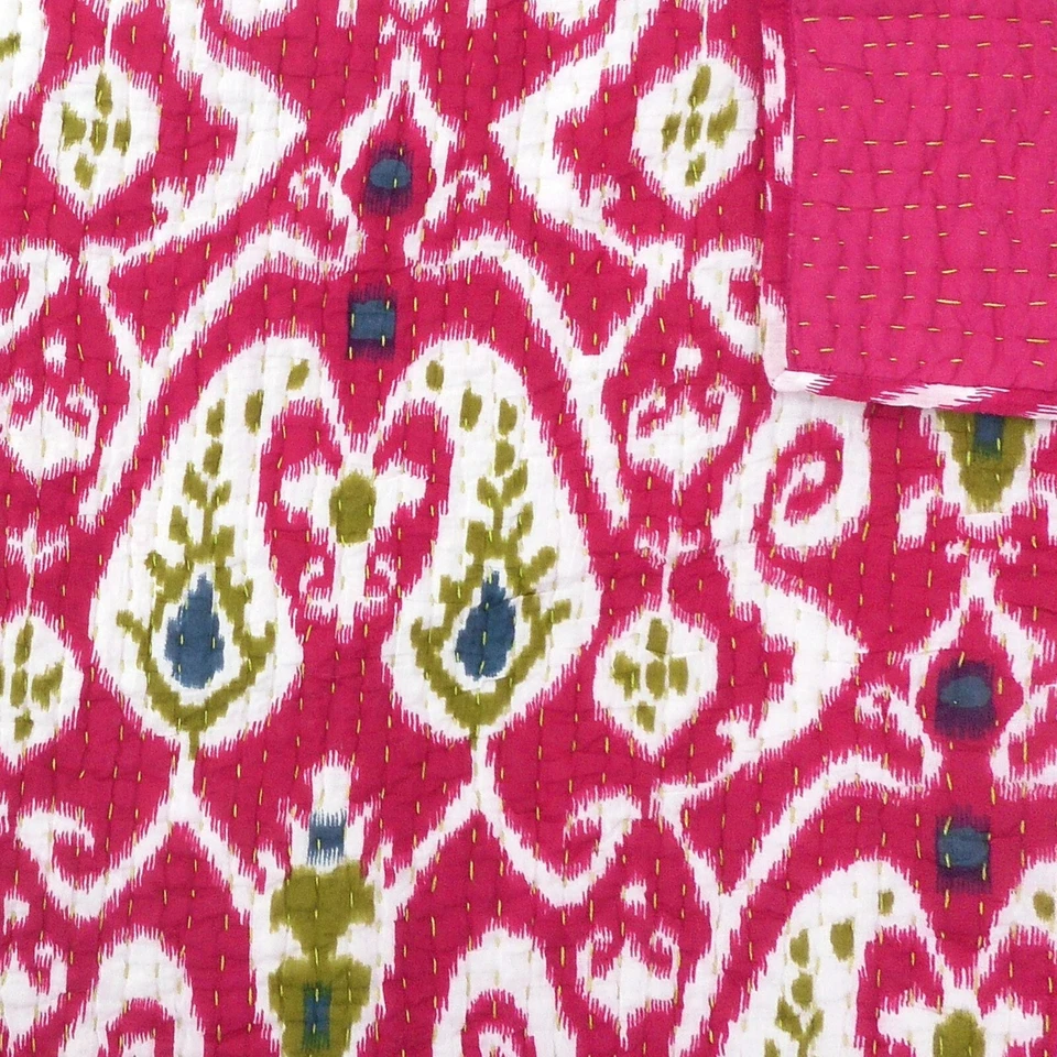 Paisley Floral Ikat QUEEN Quilt Set 3pc STUDIO D NEW PINK LIME BLUE WHITE COTTON - Image 2 of 4