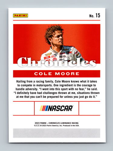 2023 Panini Chronicles Racing NASCAR No. 15 Chronicles Cole Moore - Picture 2 of 2