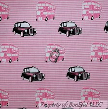 BonEful Fabric FQ Cotton Quilt Pink British Girl Paris Taxi Bus Car Stripe Toile