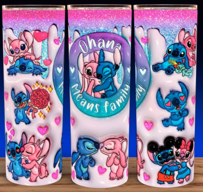 Stitch Angel Ohana Family Puffy 3D Hearts Design Coffee Cup Mug Tumbler