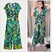 ZARA WOMAN Green Blue TROPICAL Print Flare Satin Summer JUMPSUIT ROMPER