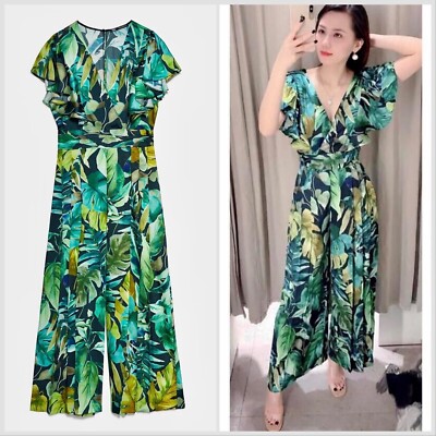 ZARA WOMAN Green Blue TROPICAL Print Flare Satin Summer JUMPSUIT ROMPER 