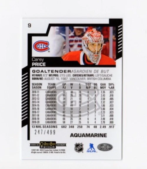 2020-21 O-Pee-Chee Platinum Carey Price #9 Aquamarine /499 Montreal Canadiens - Image 2 of 2