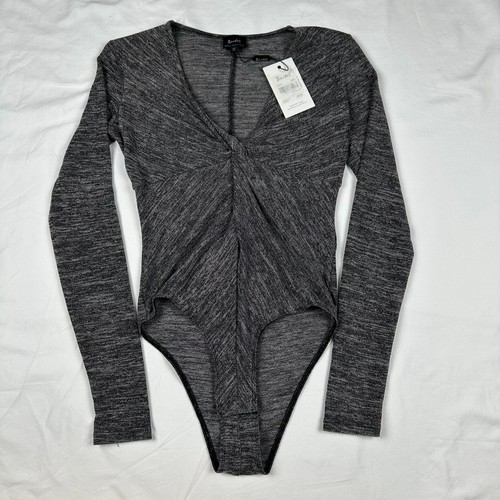 NWT Bardot Henley Bodysuit Top Gray Knit Long Sleeve Women's Size XS Snap Crotch