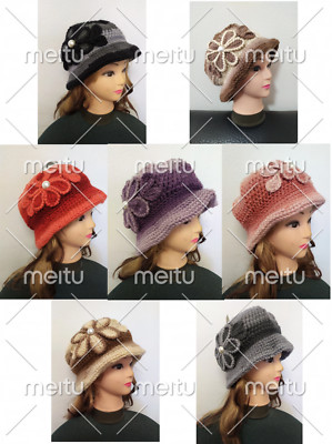 Women s Girls Winter Warm Knit Cloche Hat With Crochet Flower Double Layer
