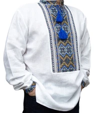 VYSHYVANKA for Men Ukrainian hand white Linen Shirt Blue Yellow Embroidery