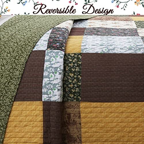 Olive Country Style Yellow Cotton Real Patchwork Quilt Bedding Set Reversible Co - Picture 5 of 7