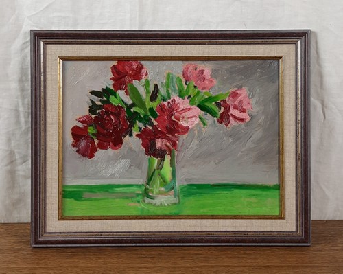Pintura al óleo vintage de flores rosadas y rojas en florero de vidrio, bodegón floral - Imagen 1 de 11